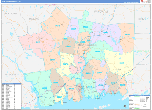 New London County, CT Wall Map Color Cast Style